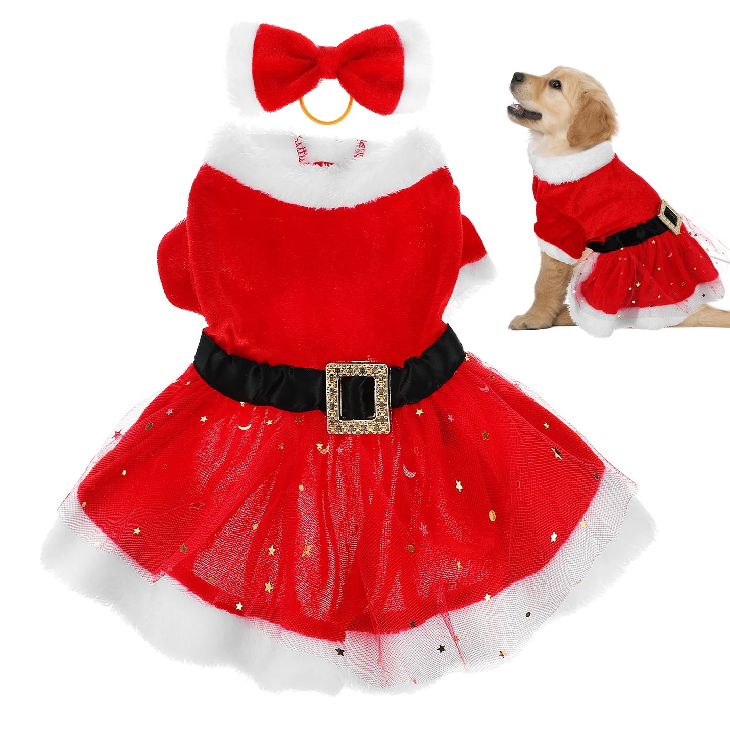 Costume de Noël pour Chien - Robe Père Noël avec Nœud - Déguisement Festif Chaud pour Chiot